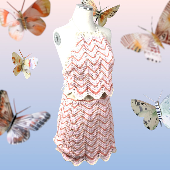 Women’s Crochet 2 Piece Set Skirt Cropped Top Backless Pink Orange Beige New WT - Picture 5 of 16